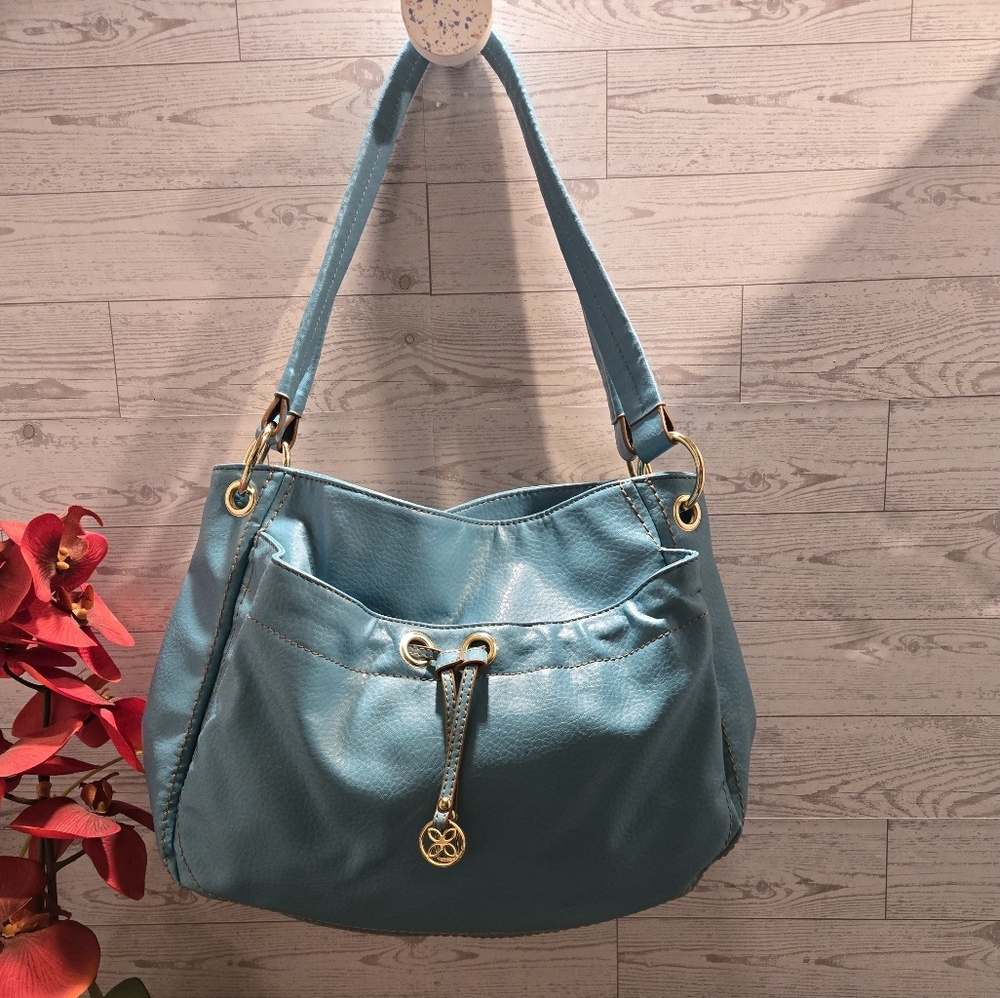 Teal Leather Shoulder Bag with Drawstring Detail